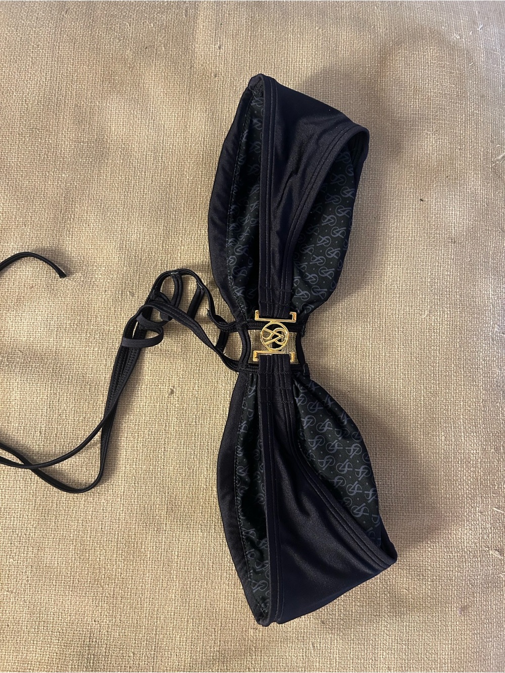 Black Bow Bikini Top with Gold Logo Accent